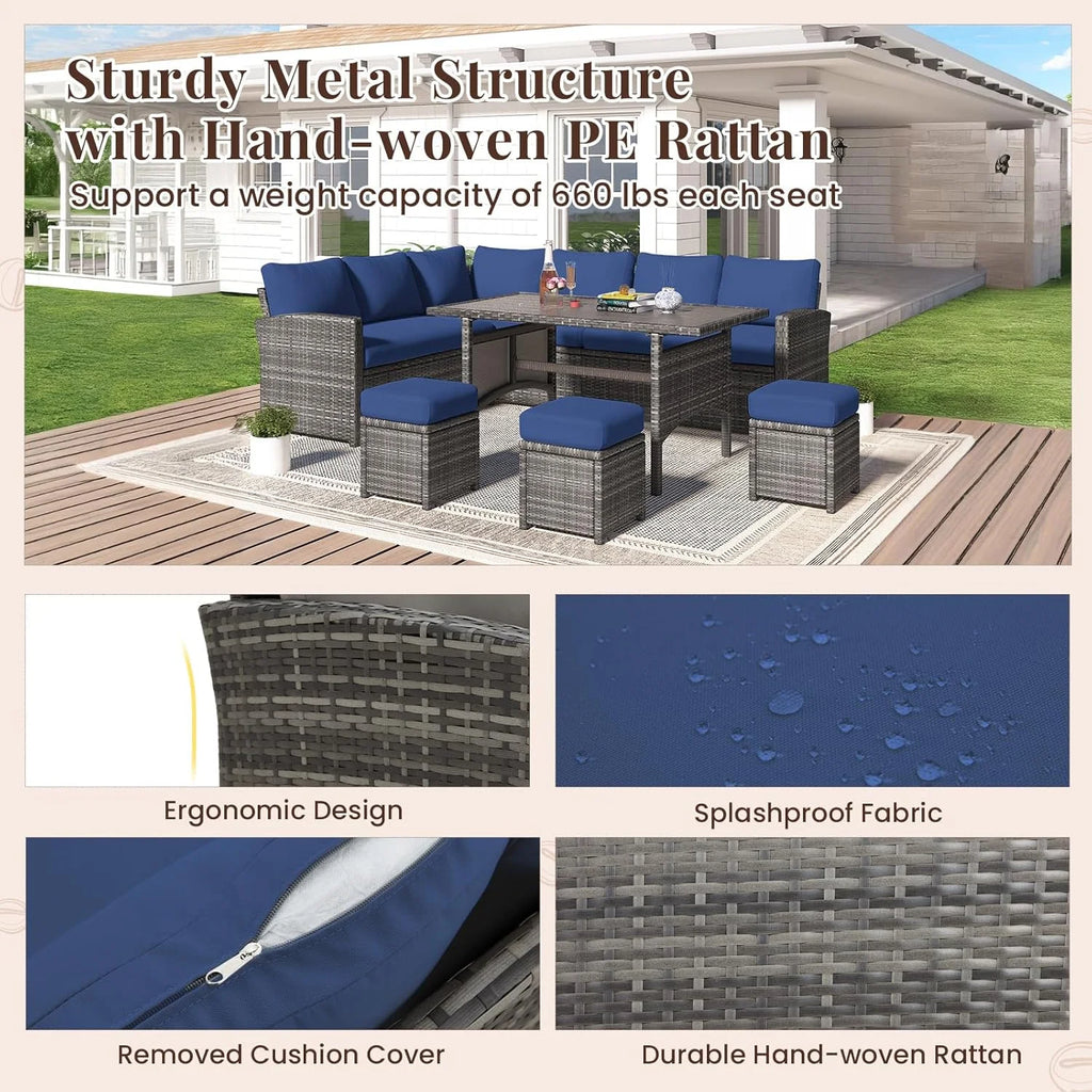 7 Piece Patio Furniture Set PE Rattan Outdoor Dining Set Sectional Sofa Couch with Table Patio Conversation Set in Dark Blue