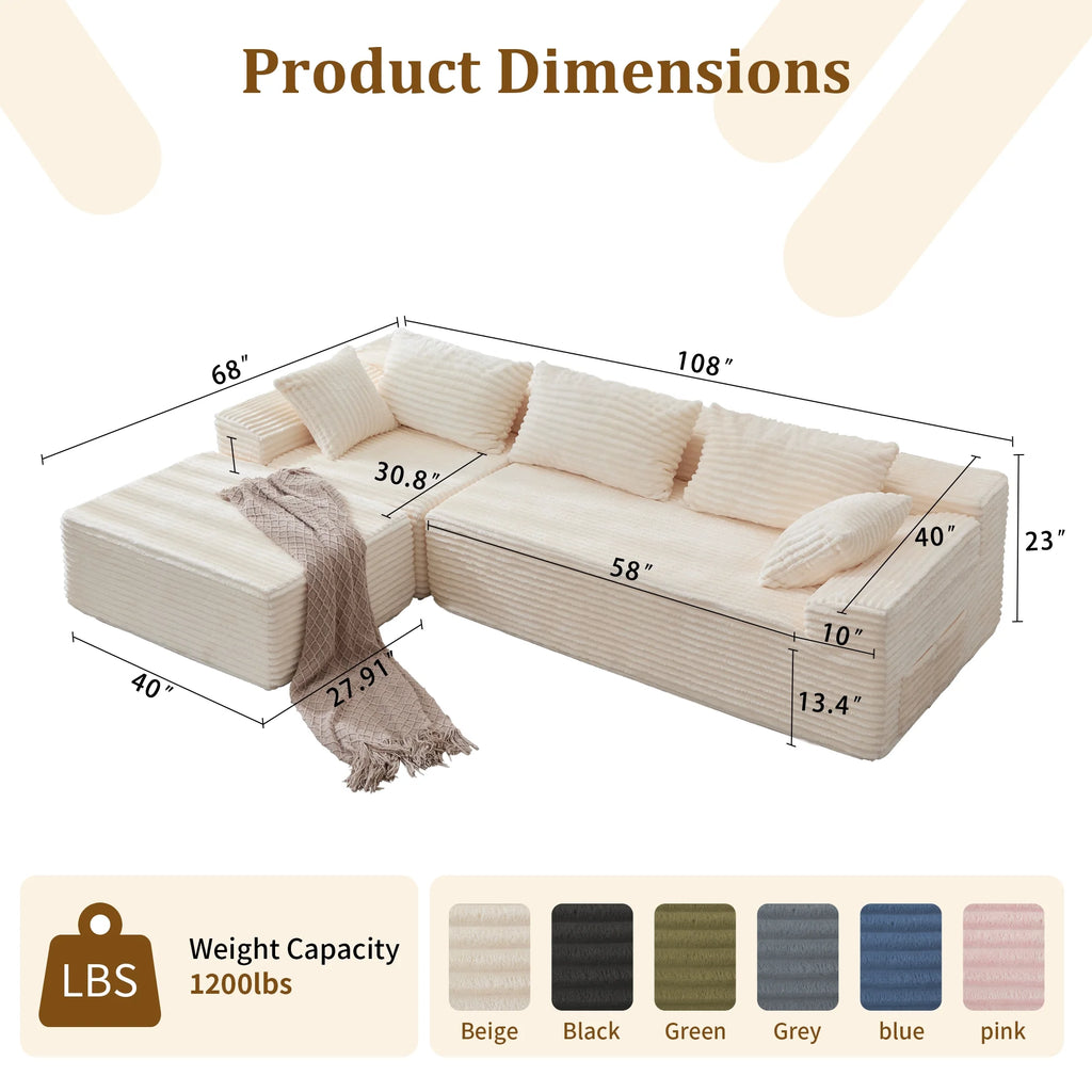 108" Oversized L-Shaped Sectional Sofa Modern Modular Cloud Couch with Deep Seating Upholstered Corduroy Sofa for Living Room Bedroom,No Assembly Required，Beige