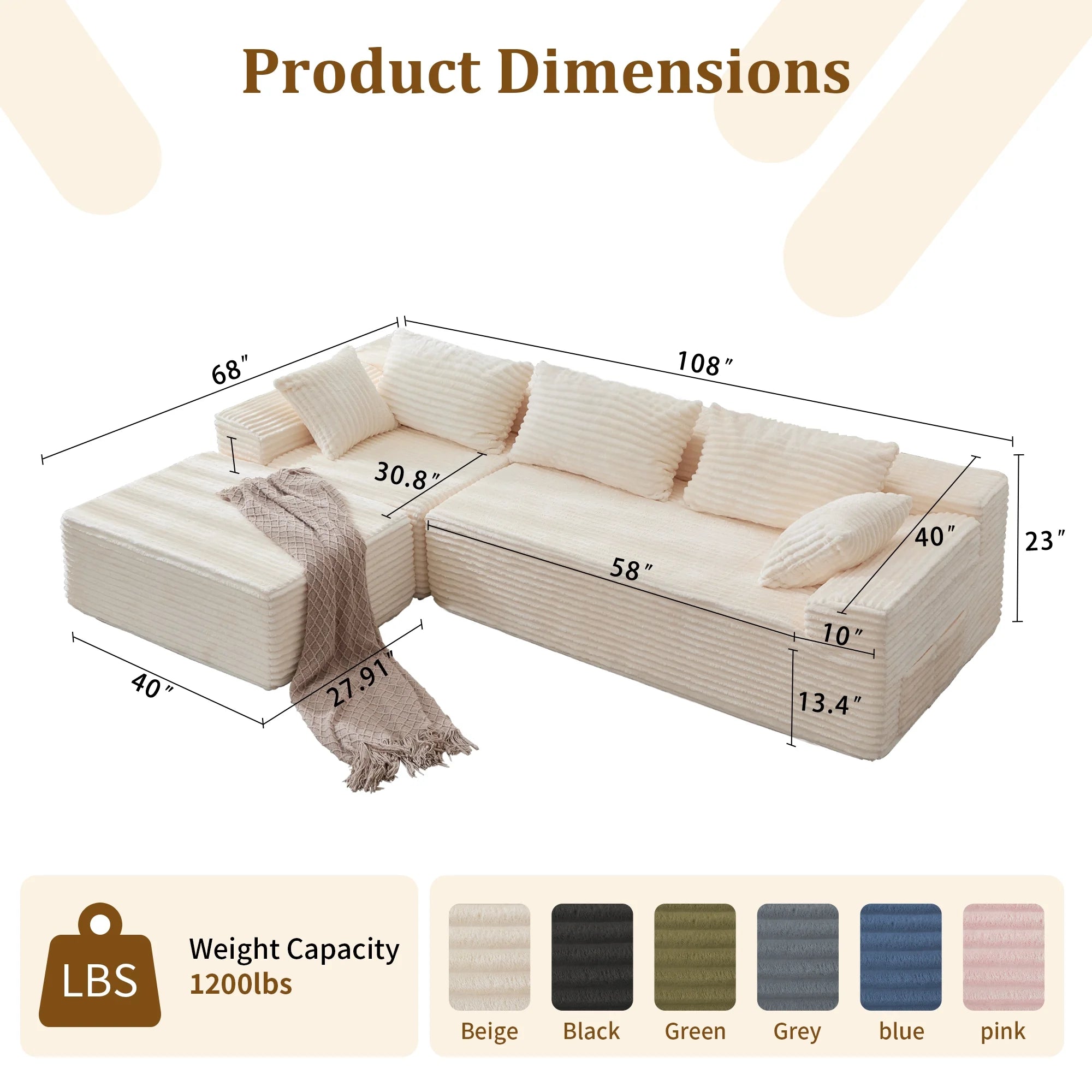 108" Oversized L-Shaped Sectional Sofa Modern Modular Cloud Couch with Deep Seating Upholstered Corduroy Sofa for Living Room Bedroom,No Assembly Required，Beige