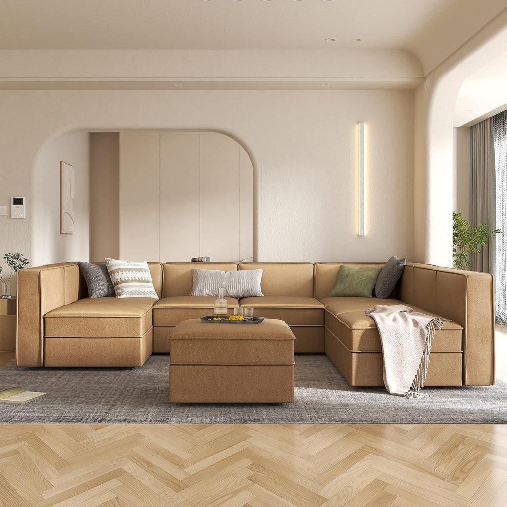 Modular Sectional Sofa, Convertible Sectional Couch with Storage Seat, U Shaped Sofa Couch with Reversible Chaise, Caramel Brown