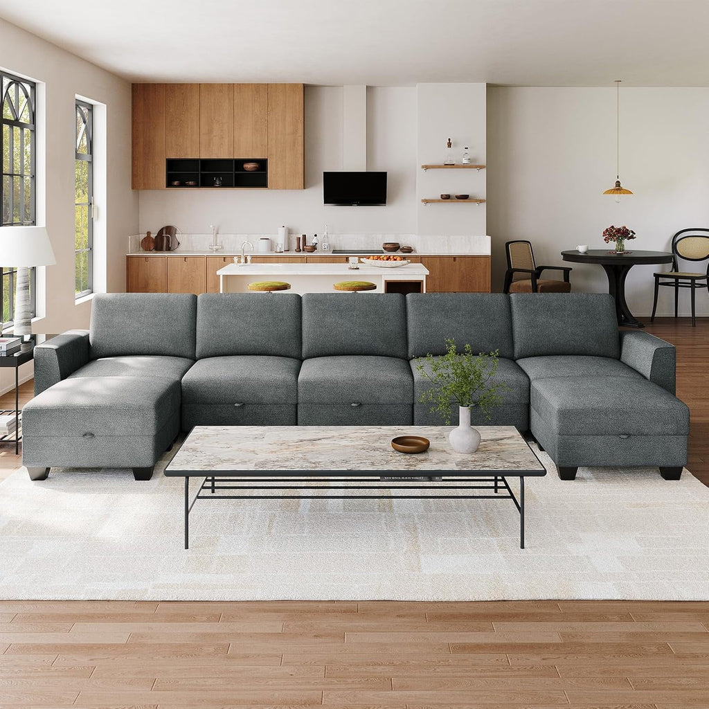 Modular Sectional Sofa with Storage, Oversized Convertible Couch for Living Room, Comfy Sectional Couches with Movable Ottoman, 140” 7 Seater L-Shaped Sofas U Shape, Linen, Dark Grey