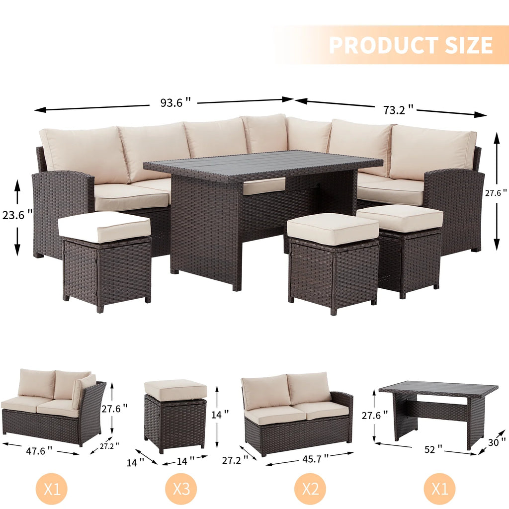 7 Piece Patio Conversation Set, Outdoor Sectional Sofa Rattan Wicker Dining Furniture in Beige
