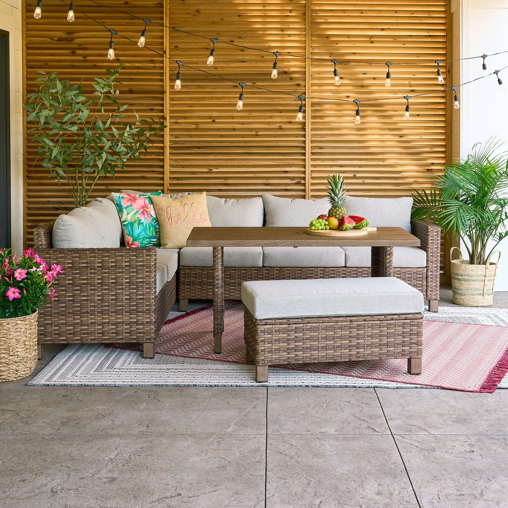 Brookbury 4-Piece Outdoor Wicker Patio Sectional Dining Set, Beige Cushions