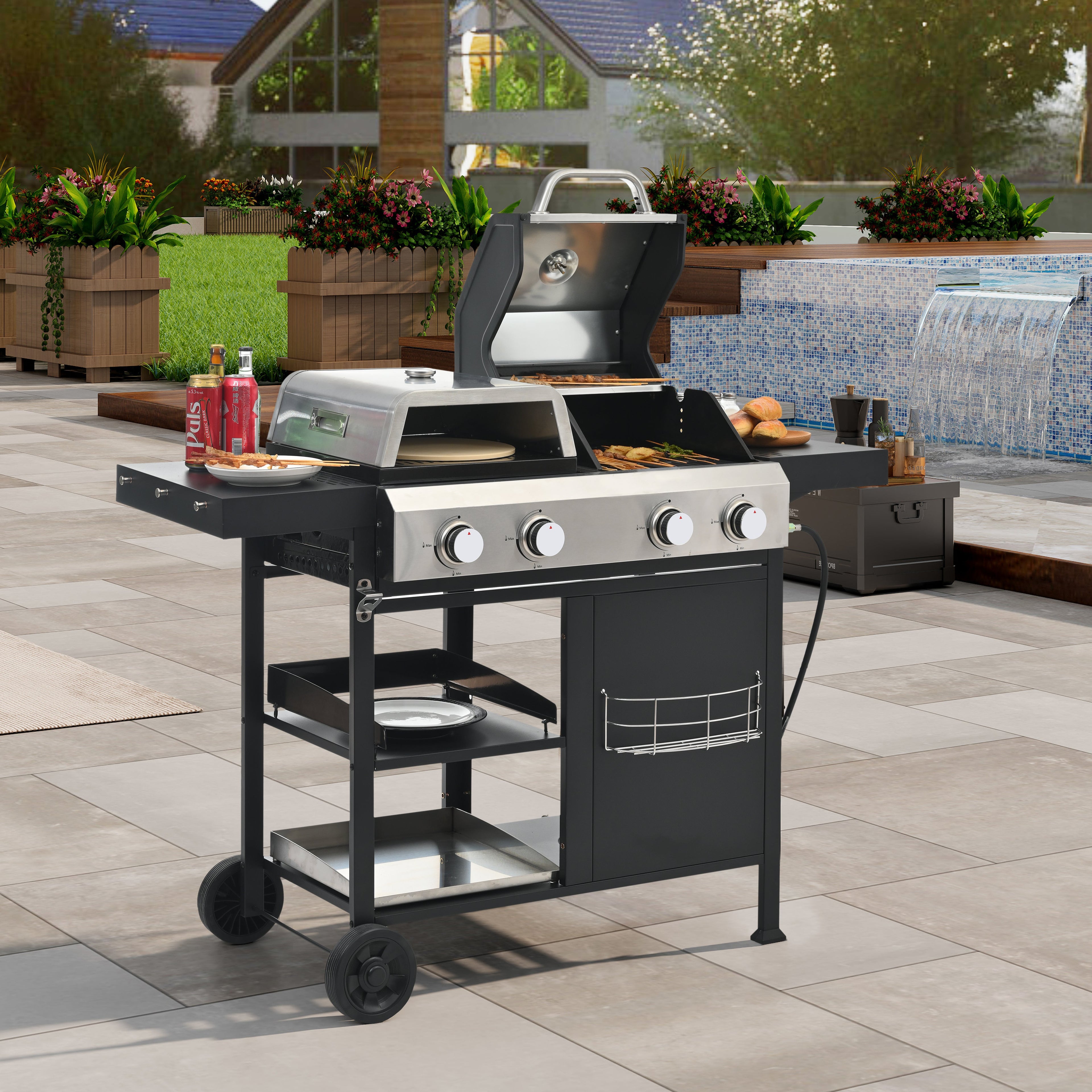 2+2 Multifunctional Gas Barbecue Grill and Covered Grill Combo for Outdoor Cooking