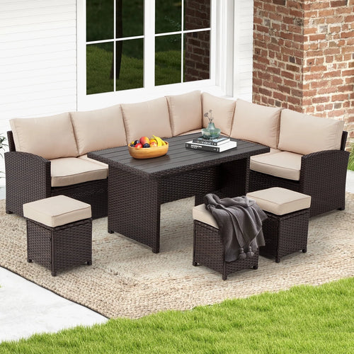7 Piece Patio Conversation Set, Outdoor Sectional Sofa Rattan Wicker Dining Furniture in Beige