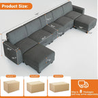 Modular Sectional Sofa with Storage, Oversized Convertible Couch for Living Room, Comfy Sectional Couches with Movable Ottoman, 140” 7 Seater L-Shaped Sofas U Shape, Linen, Dark Grey