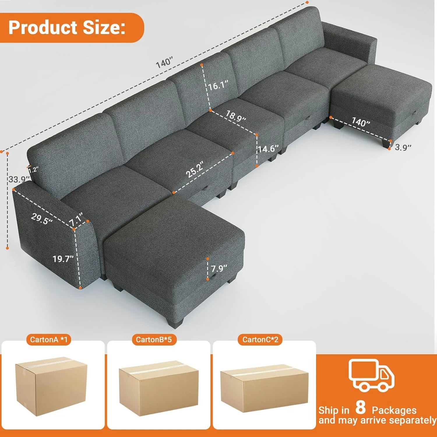 Modular Sectional Sofa with Storage, Oversized Convertible Couch for Living Room, Comfy Sectional Couches with Movable Ottoman, 140” 7 Seater L-Shaped Sofas U Shape, Linen, Dark Grey