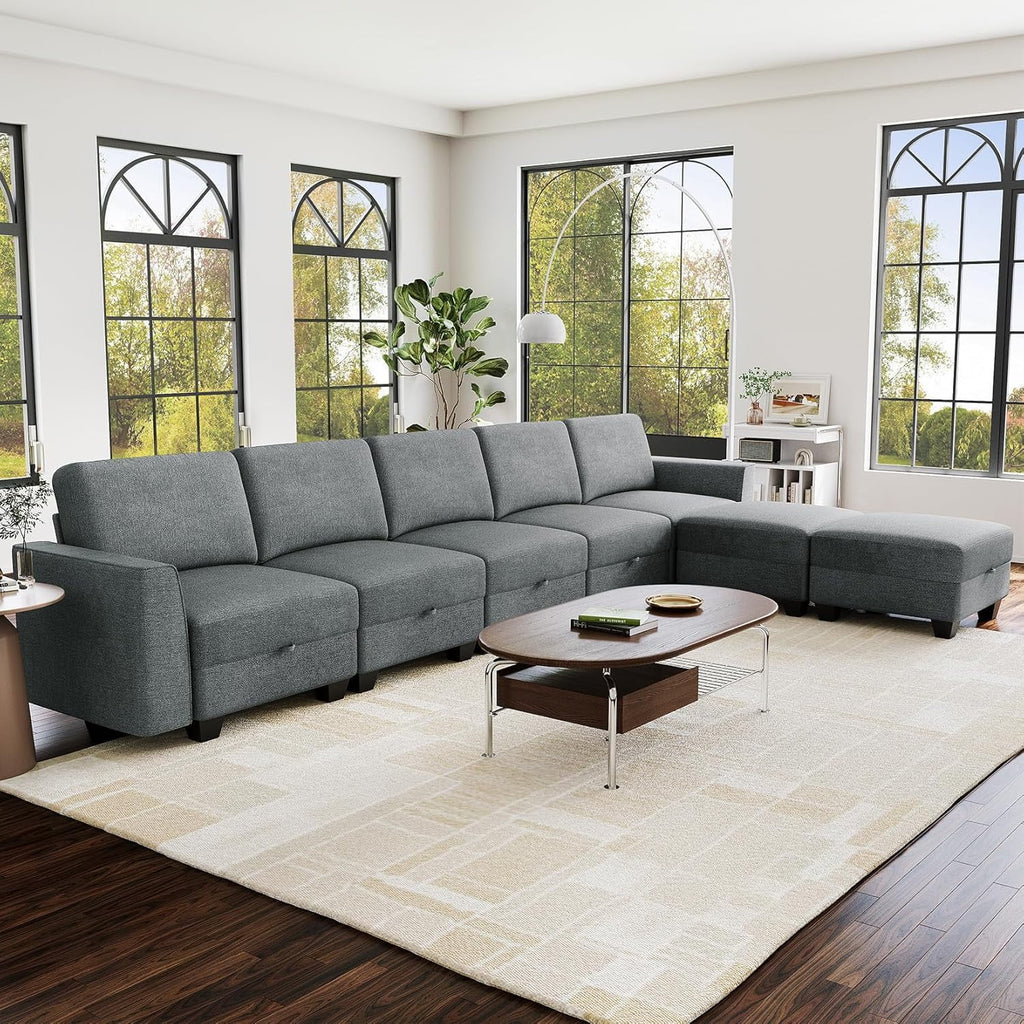 Modular Sectional Sofa with Storage, Oversized Convertible Couch for Living Room, Comfy Sectional Couches with Movable Ottoman, 140” 7 Seater L-Shaped Sofas U Shape, Linen, Dark Grey