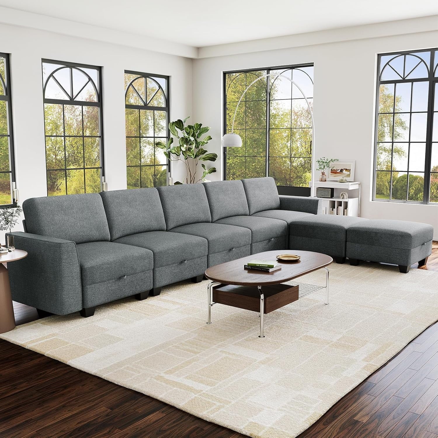 Modular Sectional Sofa with Storage, Oversized Convertible Couch for Living Room, Comfy Sectional Couches with Movable Ottoman, 140” 7 Seater L-Shaped Sofas U Shape, Linen, Dark Grey