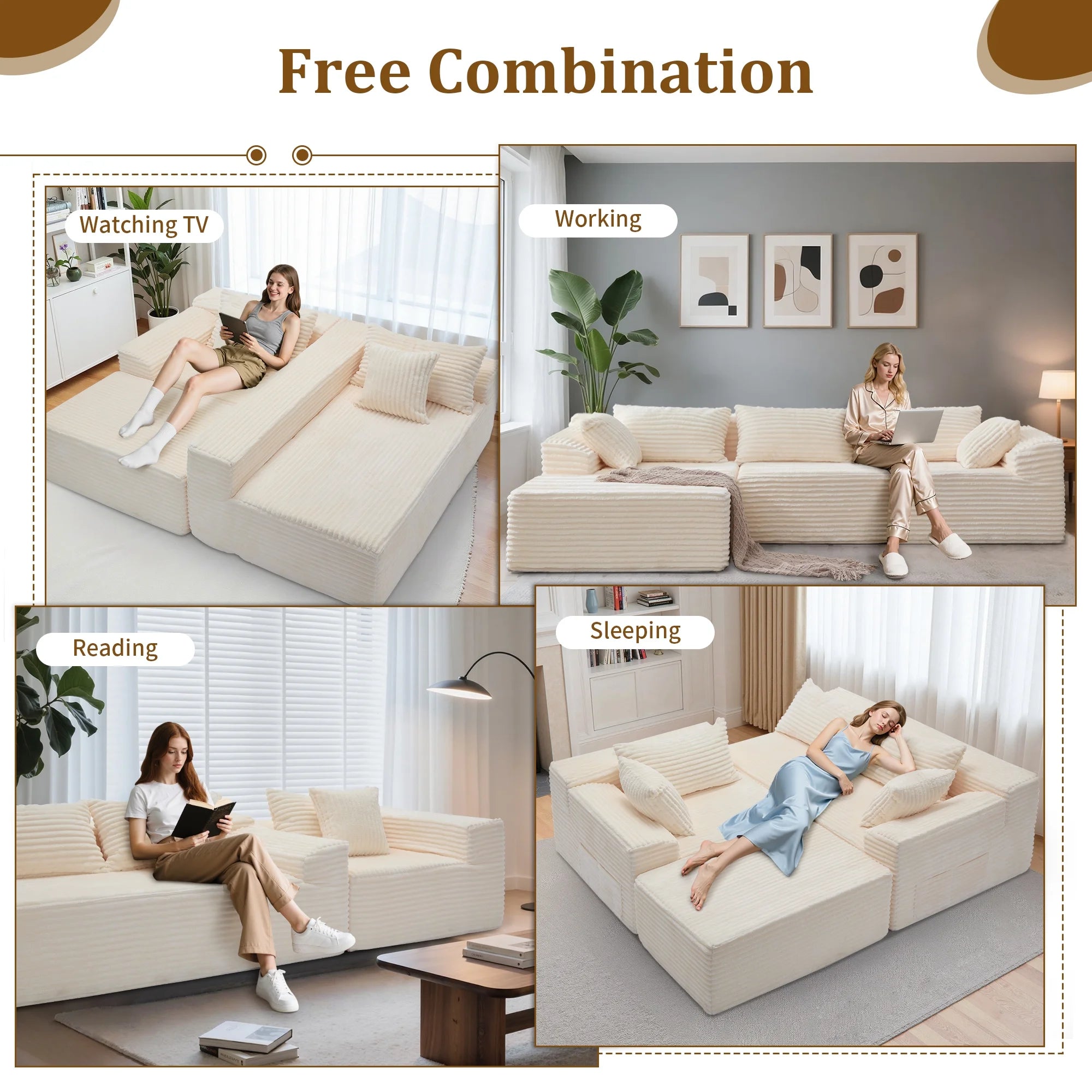 108" Oversized L-Shaped Sectional Sofa Modern Modular Cloud Couch with Deep Seating Upholstered Corduroy Sofa for Living Room Bedroom,No Assembly Required，Beige
