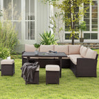 7 Piece Patio Conversation Set, Outdoor Sectional Sofa Rattan Wicker Dining Furniture in Beige