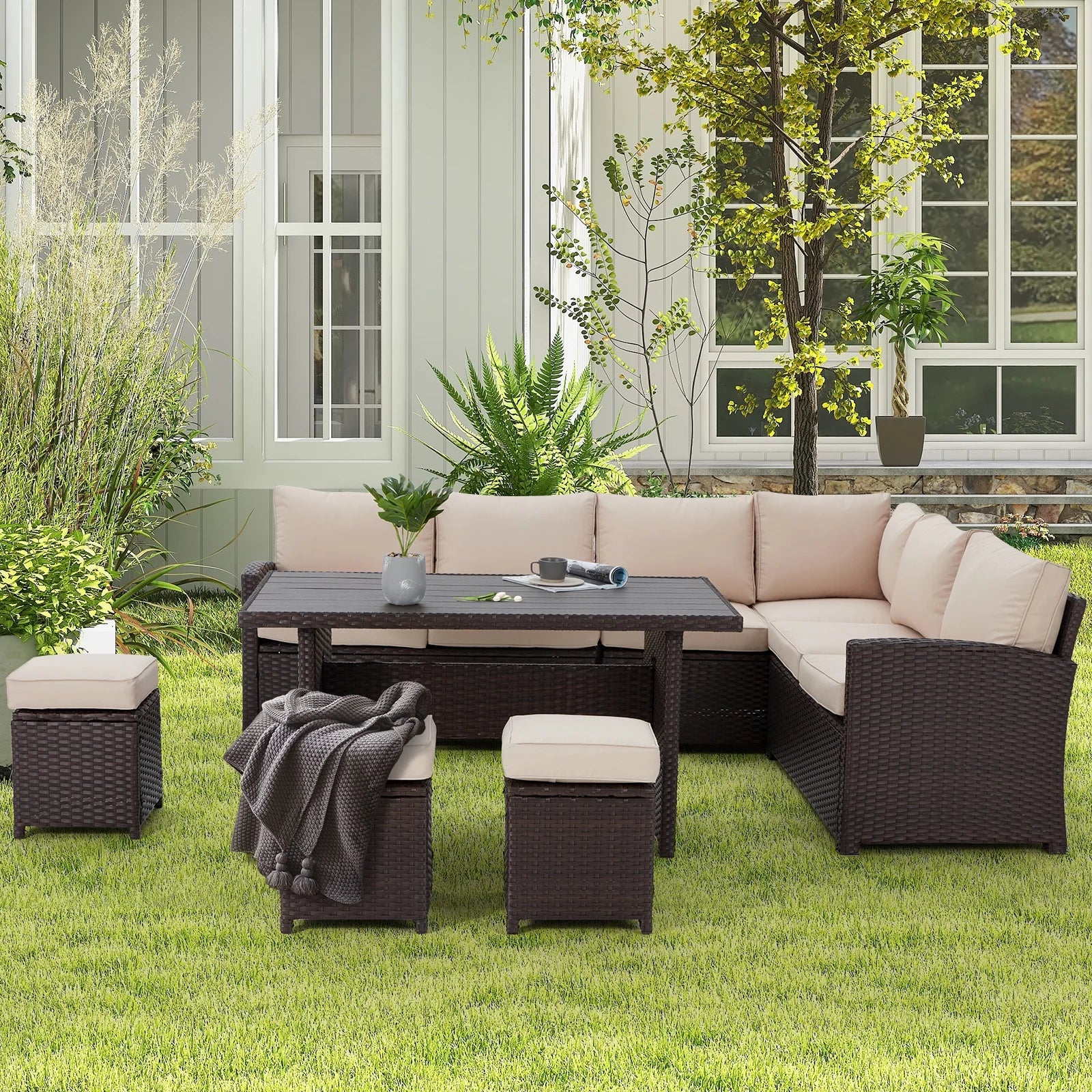 7 Piece Patio Conversation Set, Outdoor Sectional Sofa Rattan Wicker Dining Furniture in Beige