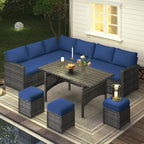 7 Piece Patio Furniture Set PE Rattan Outdoor Dining Set Sectional Sofa Couch with Table Patio Conversation Set in Dark Blue