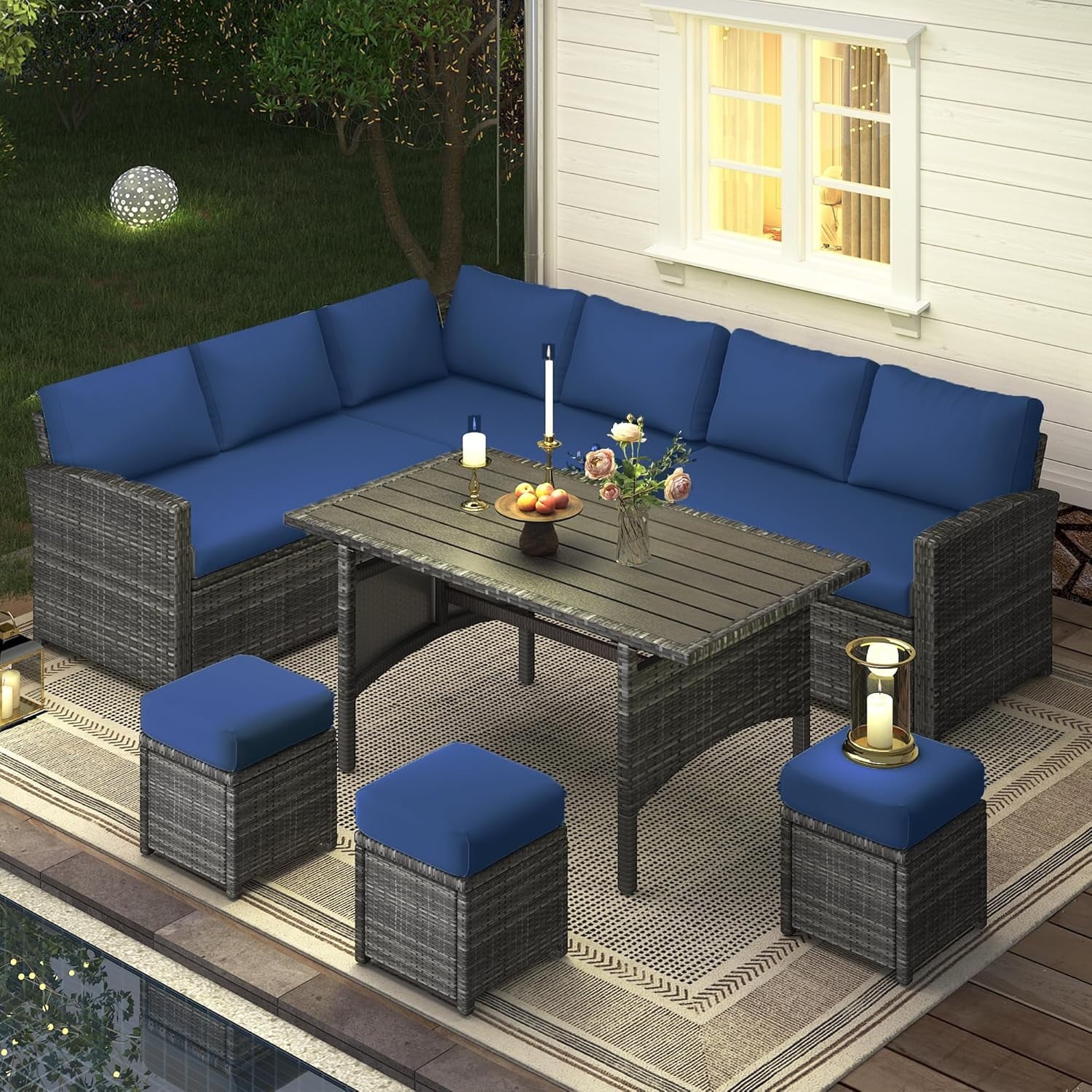 7 Piece Patio Furniture Set PE Rattan Outdoor Dining Set Sectional Sofa Couch with Table Patio Conversation Set in Dark Blue
