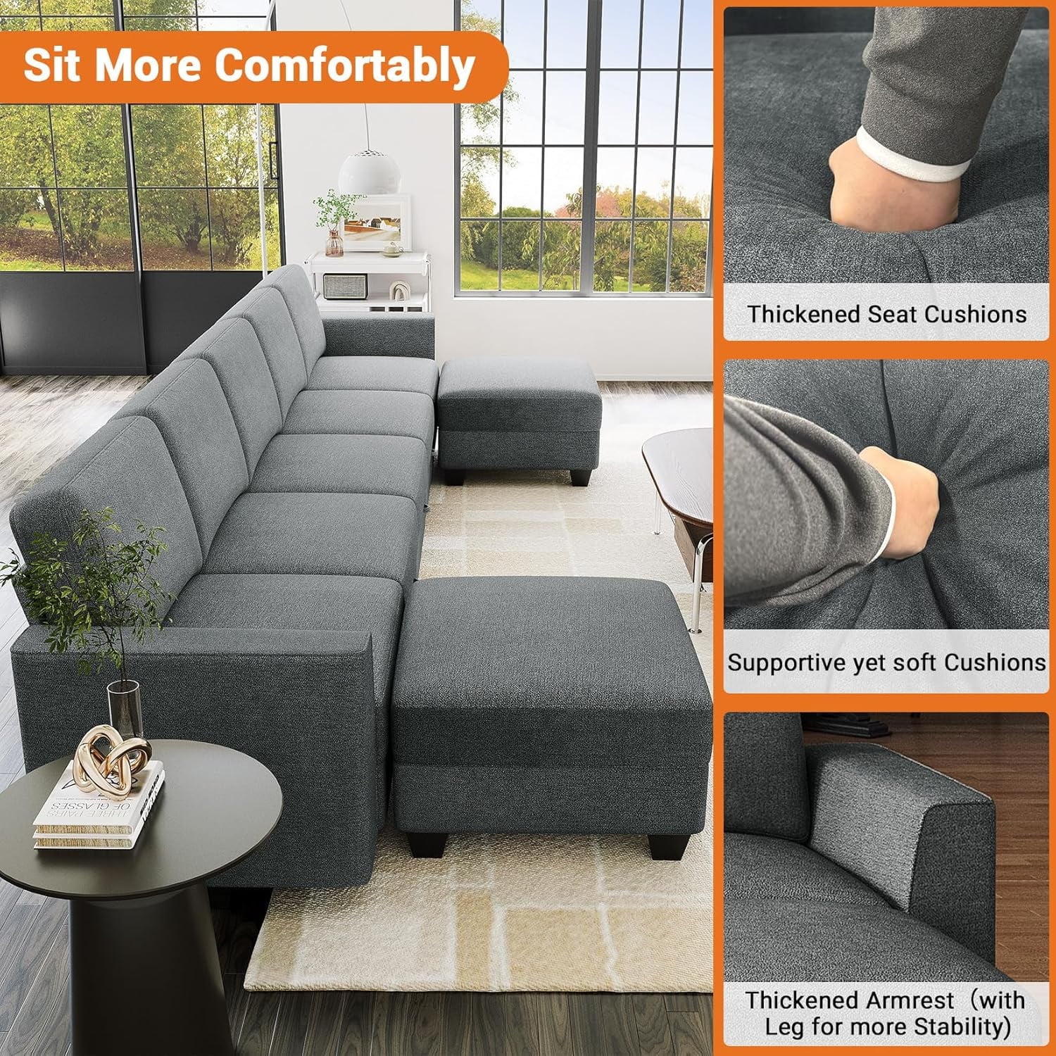 Modular Sectional Sofa with Storage, Oversized Convertible Couch for Living Room, Comfy Sectional Couches with Movable Ottoman, 140” 7 Seater L-Shaped Sofas U Shape, Linen, Dark Grey