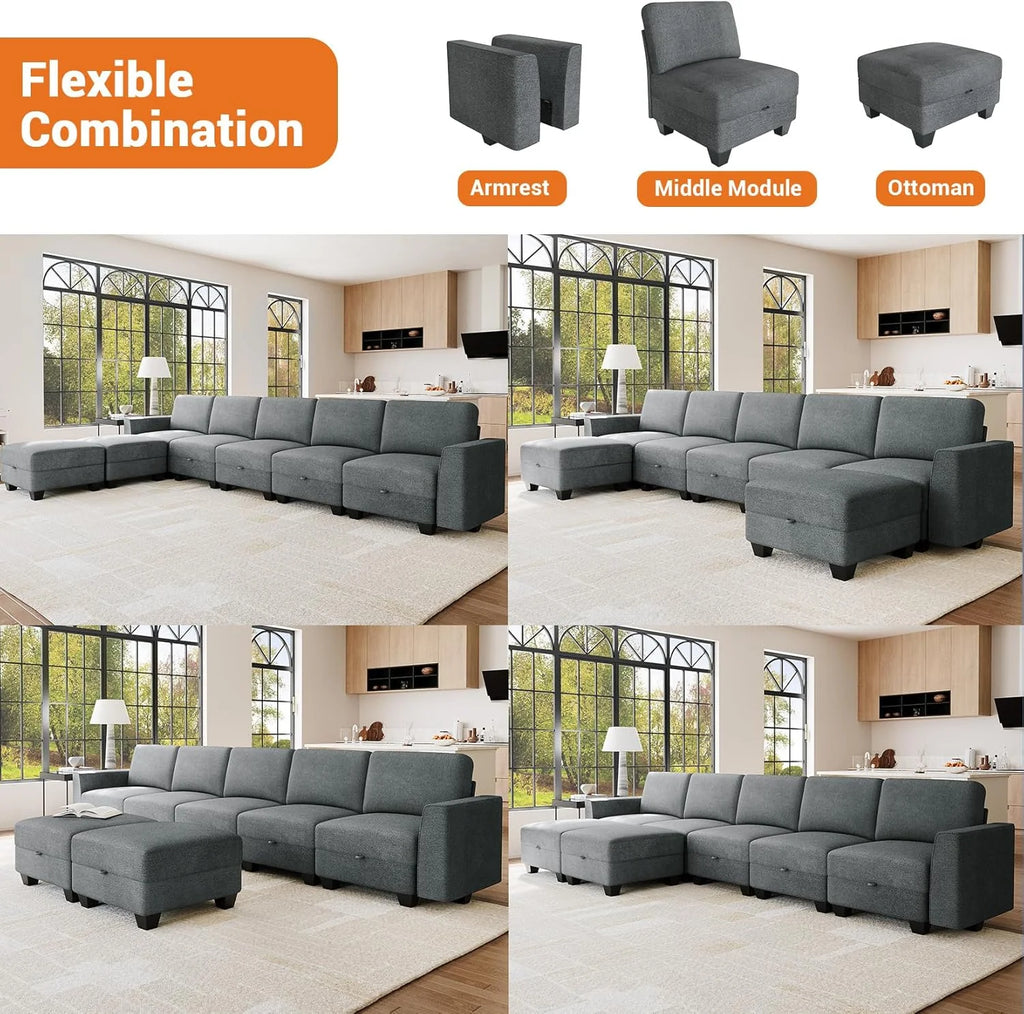 Modular Sectional Sofa with Storage, Oversized Convertible Couch for Living Room, Comfy Sectional Couches with Movable Ottoman, 140” 7 Seater L-Shaped Sofas U Shape, Linen, Dark Grey