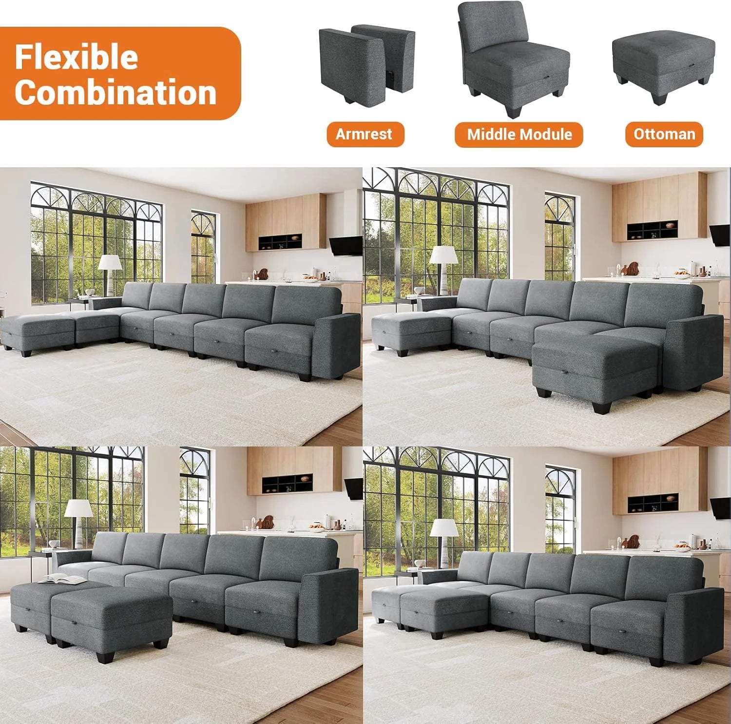 Modular Sectional Sofa with Storage, Oversized Convertible Couch for Living Room, Comfy Sectional Couches with Movable Ottoman, 140” 7 Seater L-Shaped Sofas U Shape, Linen, Dark Grey