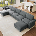 Modular Sectional Sofa with Storage, Oversized Convertible Couch for Living Room, Comfy Sectional Couches with Movable Ottoman, 140” 7 Seater L-Shaped Sofas U Shape, Linen, Dark Grey
