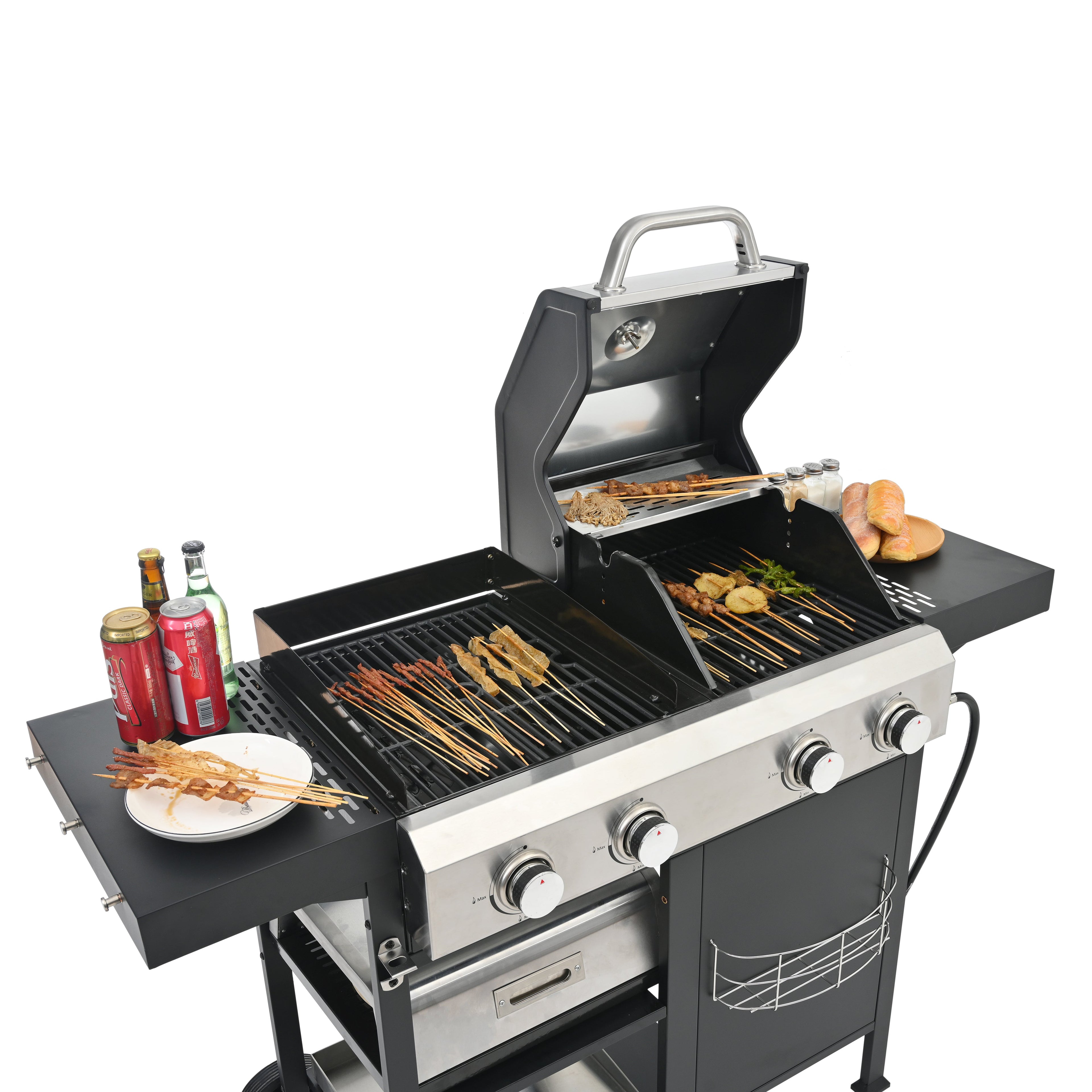 2+2 Multifunctional Gas Barbecue Grill and Covered Grill Combo for Outdoor Cooking