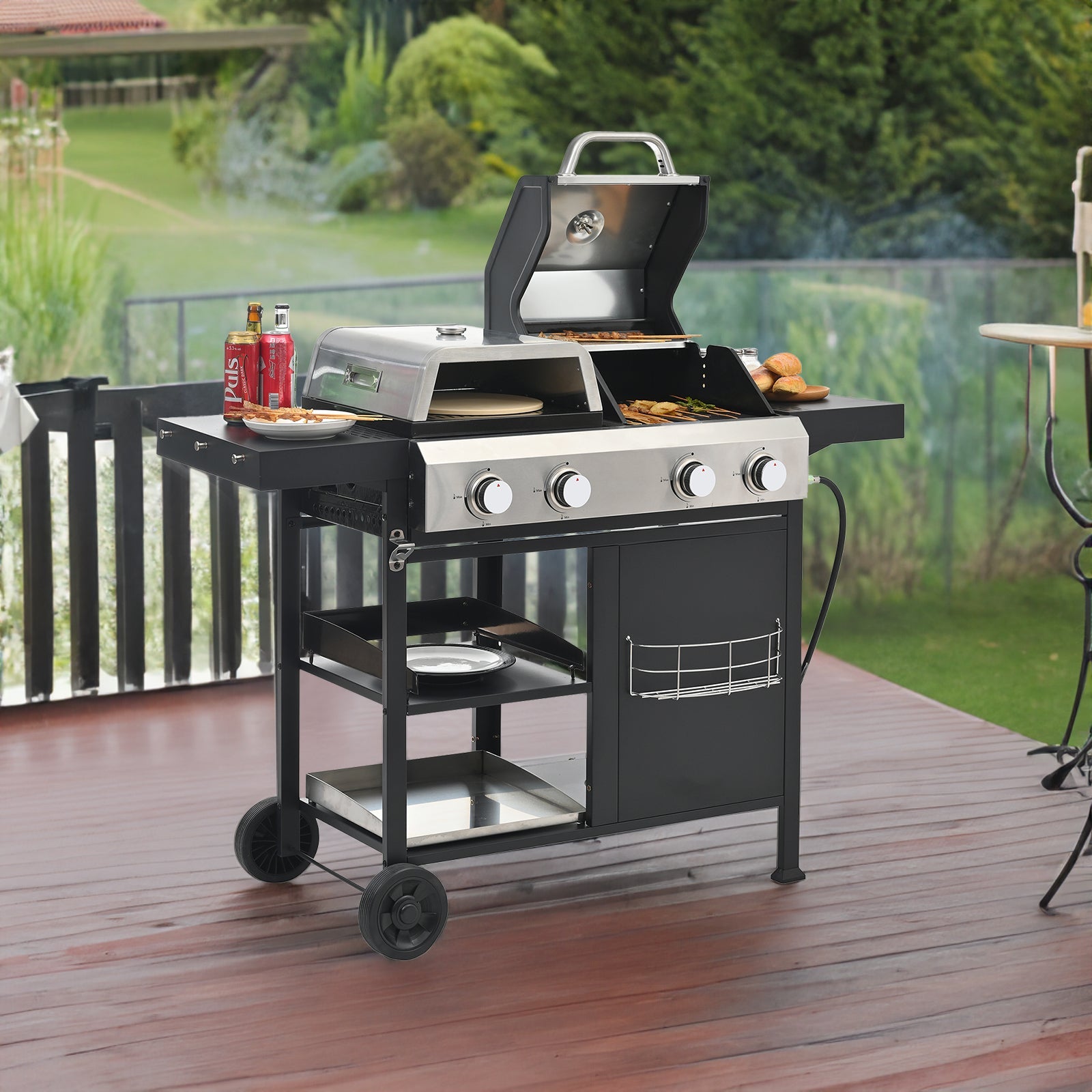 2+2 Multifunctional Gas Barbecue Grill and Covered Grill Combo for Outdoor Cooking