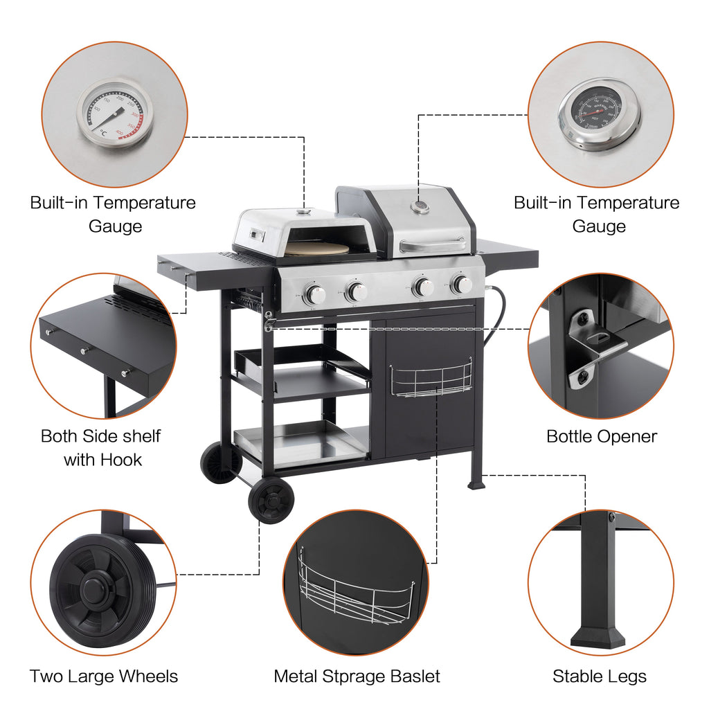 2+2 Multifunctional Gas Barbecue Grill and Covered Grill Combo for Outdoor Cooking