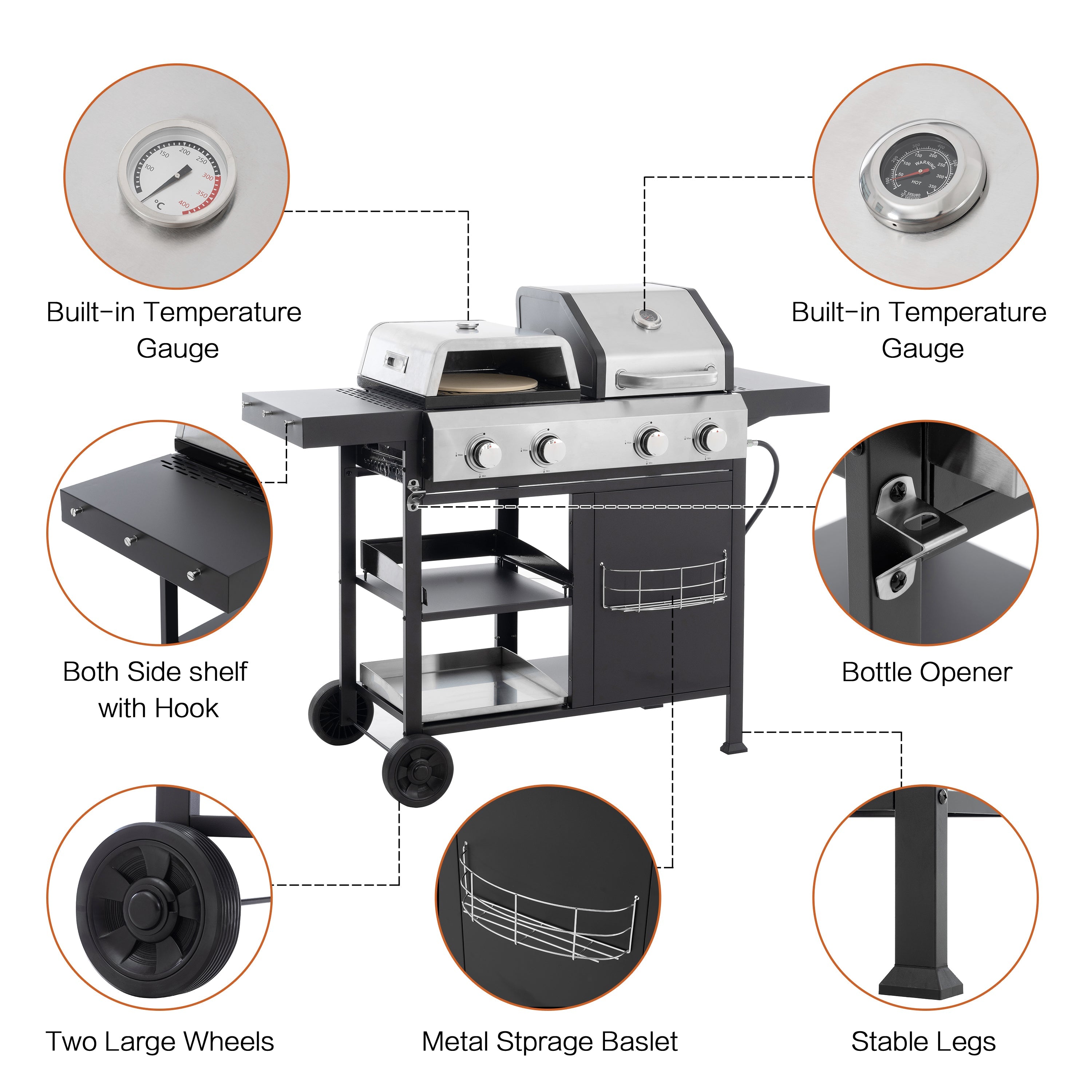 2+2 Multifunctional Gas Barbecue Grill and Covered Grill Combo for Outdoor Cooking