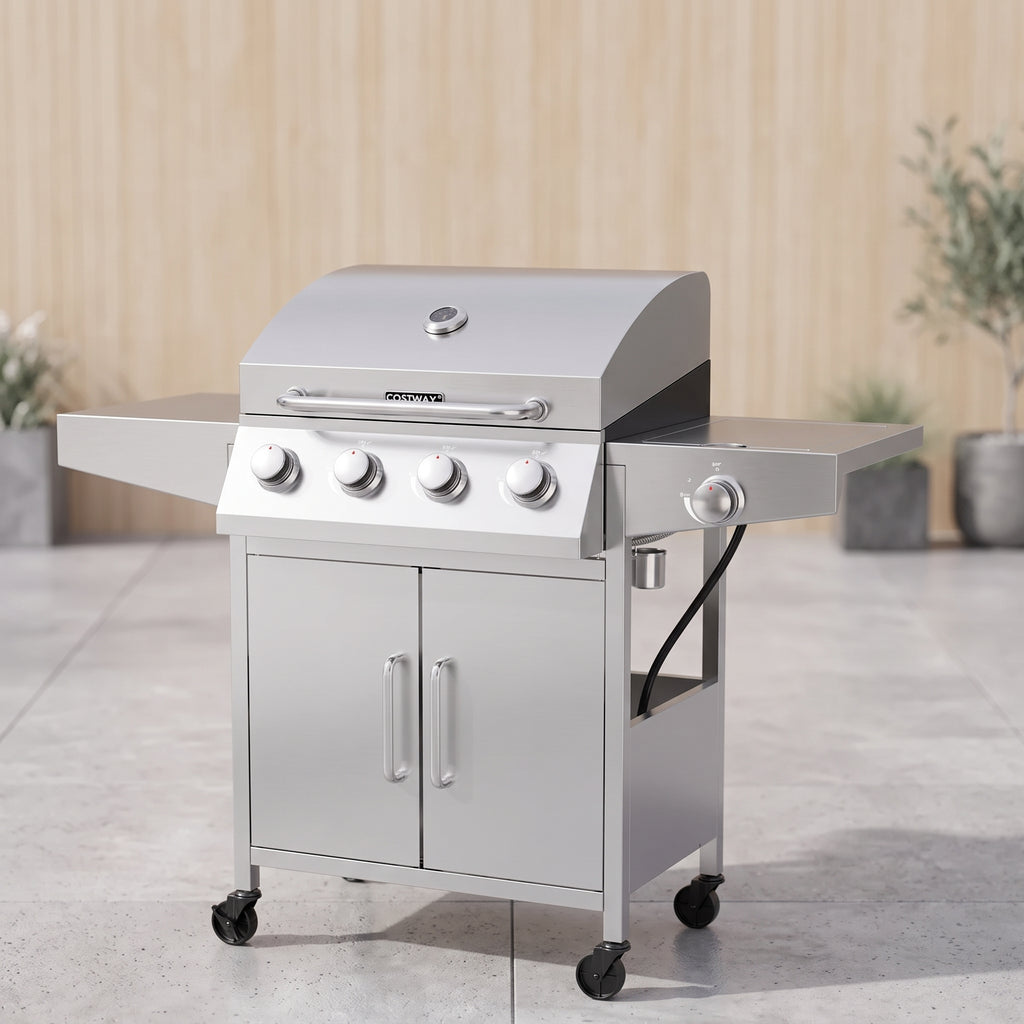 50000BTU 5-Burner Propane Gas Grill with Side Burner and 2 Prep Tables-Silver