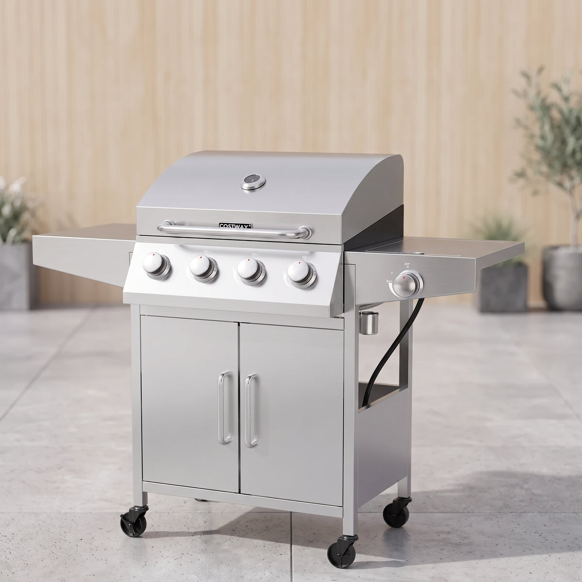 50000BTU 5-Burner Propane Gas Grill with Side Burner and 2 Prep Tables-Silver
