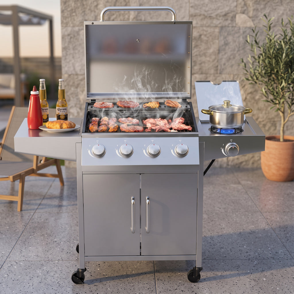 50000BTU 5-Burner Propane Gas Grill with Side Burner and 2 Prep Tables-Silver