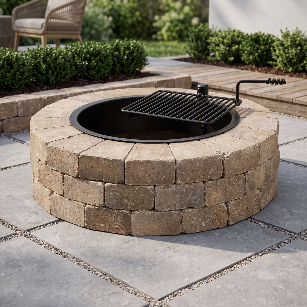 48-in Outdoor Round Concrete Block Stone Fire Pit Kit with Cooking Grill Grate