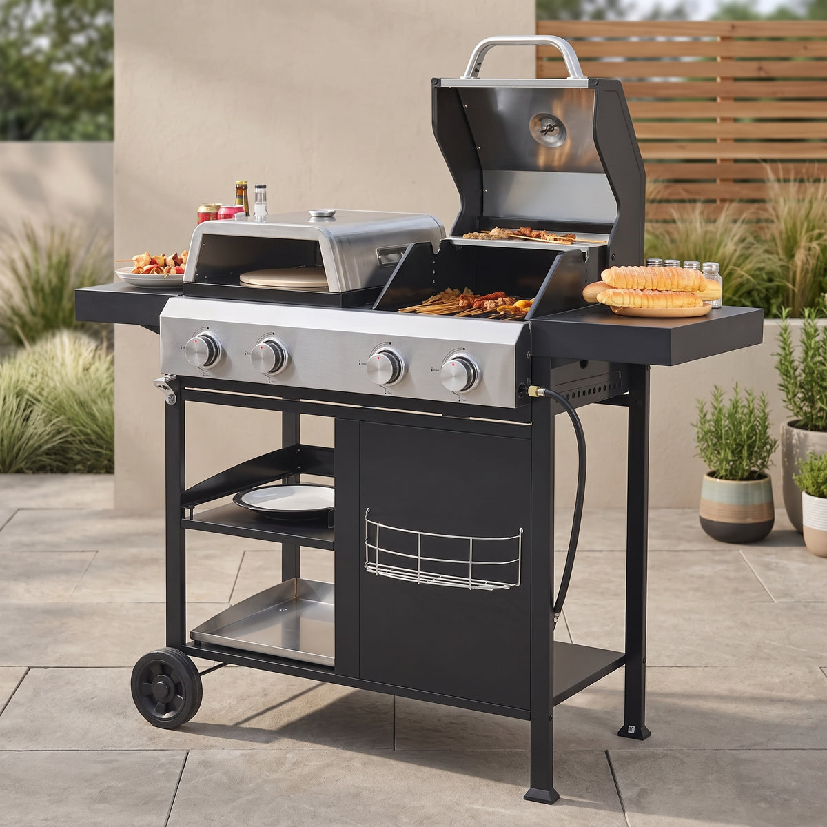 2+2 Multifunctional Gas Barbecue Grill and Covered Grill Combo for Outdoor Cooking