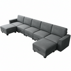 Modular Sectional Sofa with Storage, Oversized Convertible Couch for Living Room, Comfy Sectional Couches with Movable Ottoman, 140” 7 Seater L-Shaped Sofas U Shape, Linen, Dark Grey