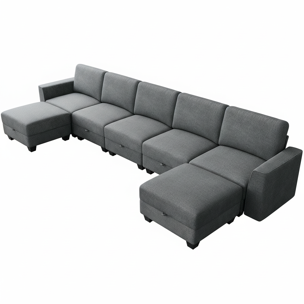 Modular Sectional Sofa with Storage, Oversized Convertible Couch for Living Room, Comfy Sectional Couches with Movable Ottoman, 140” 7 Seater L-Shaped Sofas U Shape, Linen, Dark Grey