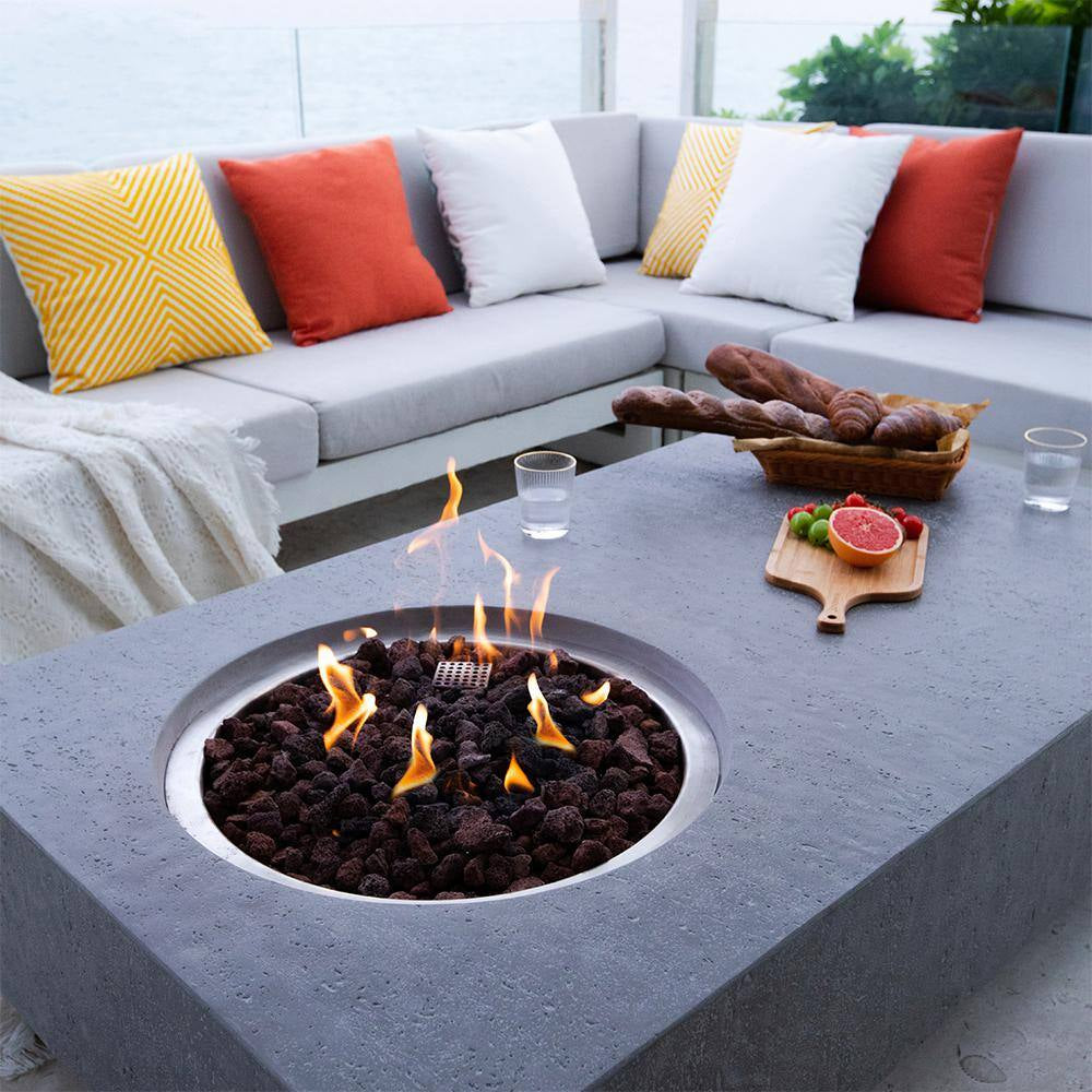 Metropolis Outdoor Fire Pit 56 In. X 32 In. Rectangular Concrete Propane Fire Table with Lava Rocks and Cover