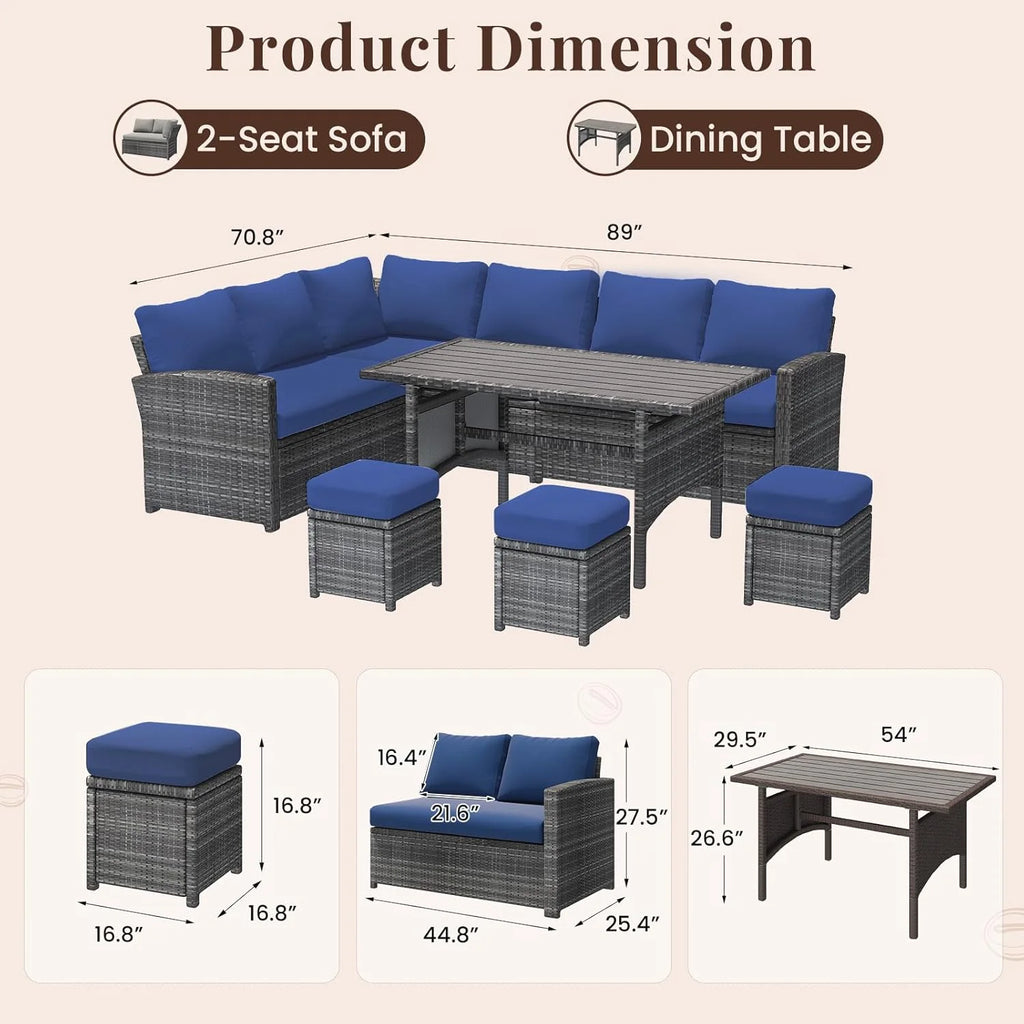 7 Piece Patio Furniture Set PE Rattan Outdoor Dining Set Sectional Sofa Couch with Table Patio Conversation Set in Dark Blue