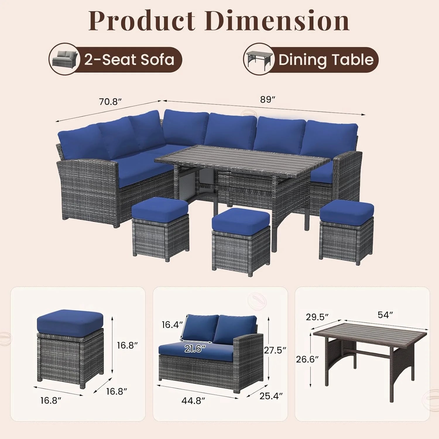 7 Piece Patio Furniture Set PE Rattan Outdoor Dining Set Sectional Sofa Couch with Table Patio Conversation Set in Dark Blue