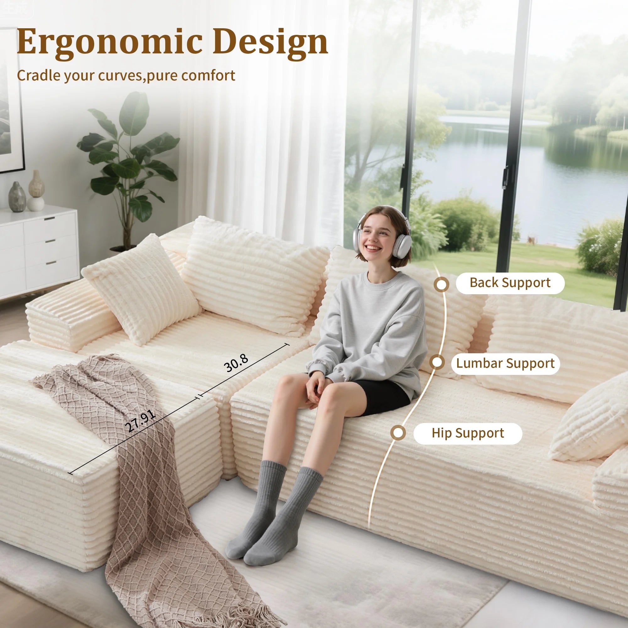 108" Oversized L-Shaped Sectional Sofa Modern Modular Cloud Couch with Deep Seating Upholstered Corduroy Sofa for Living Room Bedroom,No Assembly Required，Beige