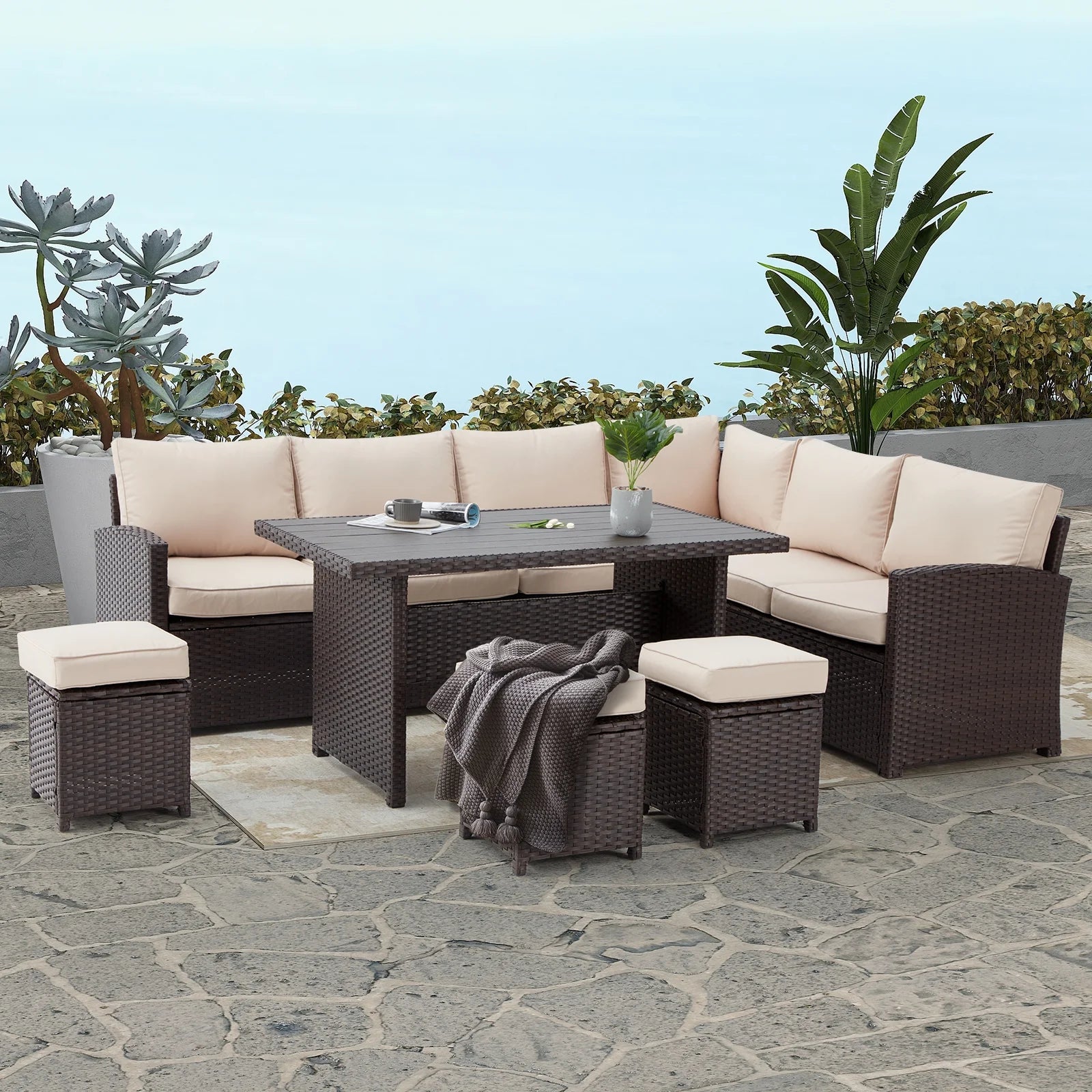 7 Piece Patio Conversation Set, Outdoor Sectional Sofa Rattan Wicker Dining Furniture in Beige
