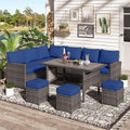 7 Piece Patio Furniture Set PE Rattan Outdoor Dining Set Sectional Sofa Couch with Table Patio Conversation Set in Dark Blue
