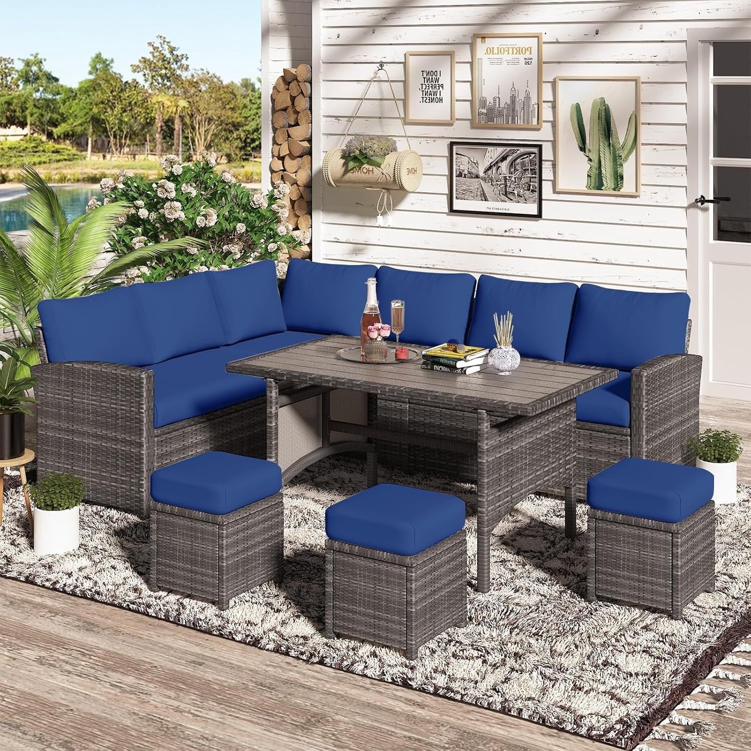 7 Piece Patio Furniture Set PE Rattan Outdoor Dining Set Sectional Sofa Couch with Table Patio Conversation Set in Dark Blue