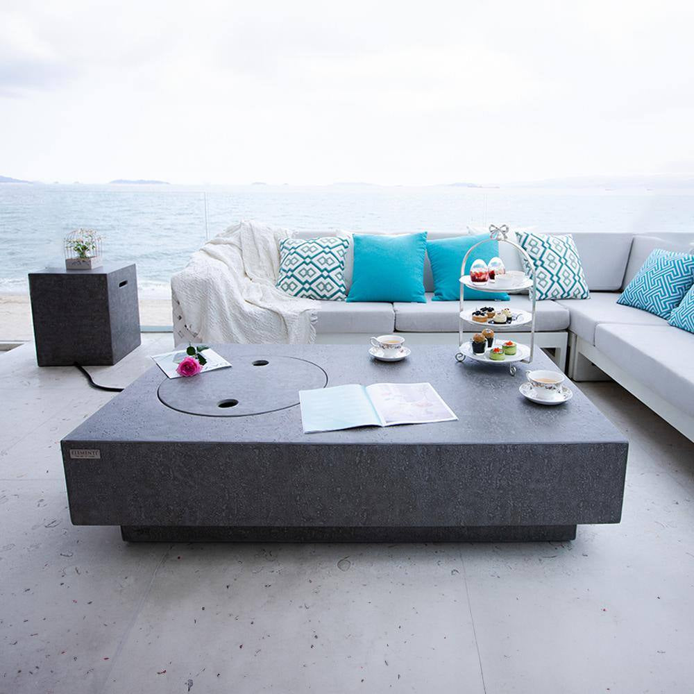 Metropolis Outdoor Fire Pit 56 In. X 32 In. Rectangular Concrete Propane Fire Table with Lava Rocks and Cover