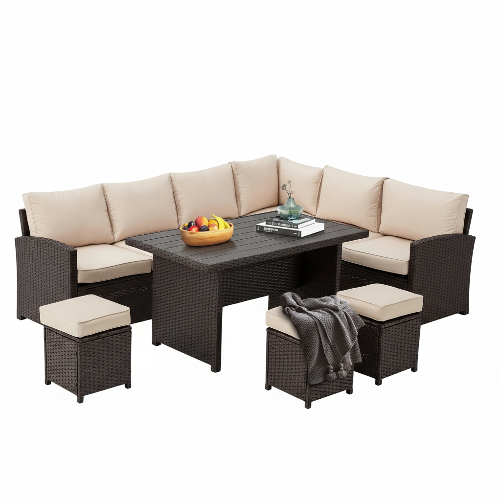 7 Piece Patio Conversation Set, Outdoor Sectional Sofa Rattan Wicker Dining Furniture in Beige