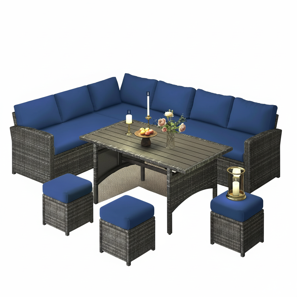 7 Piece Patio Furniture Set PE Rattan Outdoor Dining Set Sectional Sofa Couch with Table Patio Conversation Set in Dark Blue