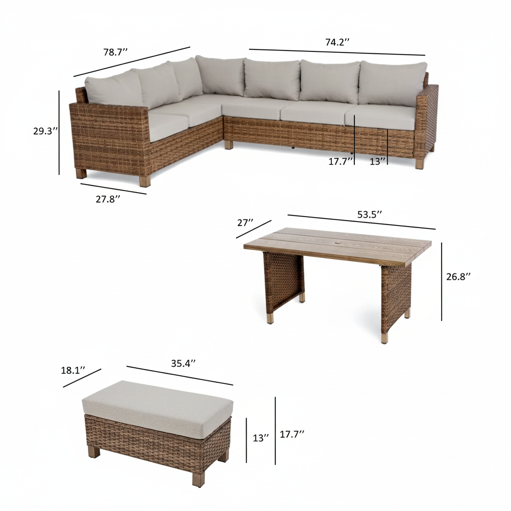 Brookbury 4-Piece Outdoor Wicker Patio Sectional Dining Set, Beige Cushions