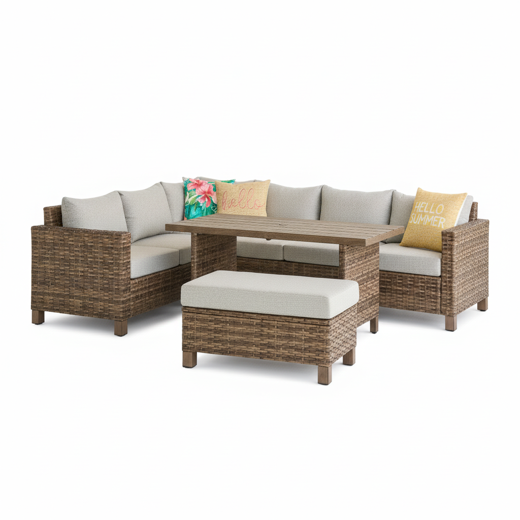 Brookbury 4-Piece Outdoor Wicker Patio Sectional Dining Set, Beige Cushions