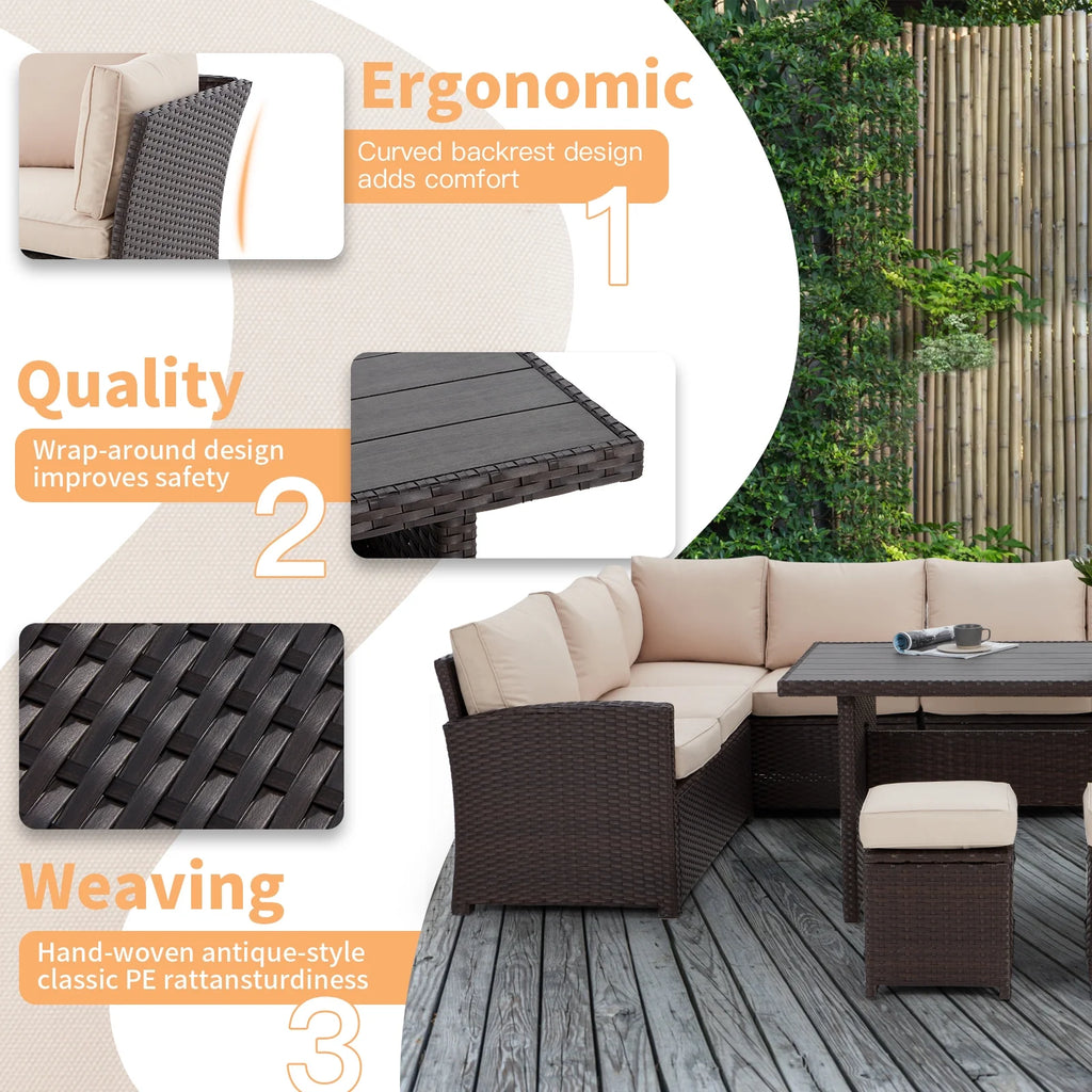 7 Piece Patio Conversation Set, Outdoor Sectional Sofa Rattan Wicker Dining Furniture in Beige