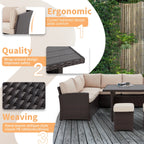 7 Piece Patio Conversation Set, Outdoor Sectional Sofa Rattan Wicker Dining Furniture in Beige