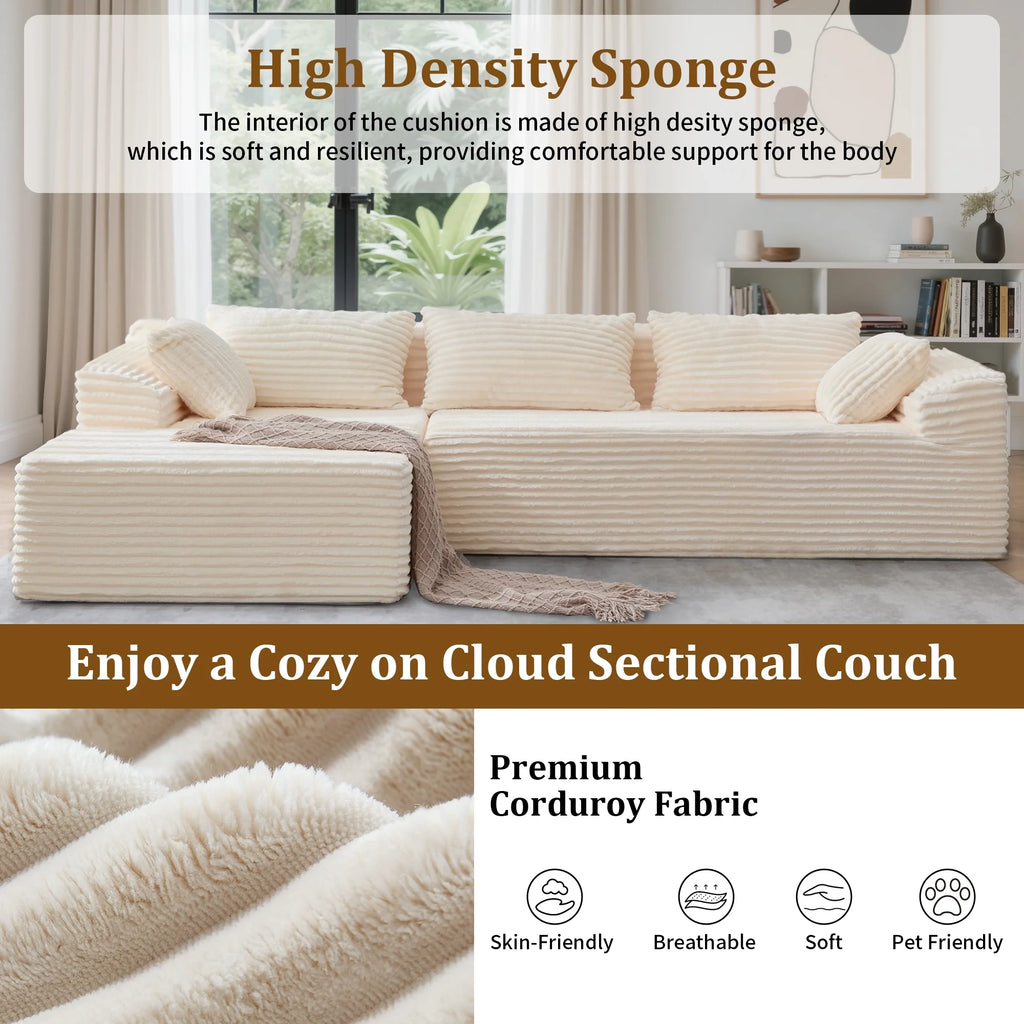 108" Oversized L-Shaped Sectional Sofa Modern Modular Cloud Couch with Deep Seating Upholstered Corduroy Sofa for Living Room Bedroom,No Assembly Required，Beige